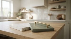 Kitchen upgrade material samples featuring a sage green cabinet swatch, brushed brass T-bar handle, and white marble countertop slab on an oak island