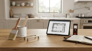 Kitchen design planning setup featuring digital floor plans on a tablet, paint can, brush, cabinet handles, and laser distance measure on a wooden counter