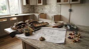 Kitchen remodeling construction setup with contractor tool belt, blueprints, electrical wire, plumbing fittings, and spirit level on a work island