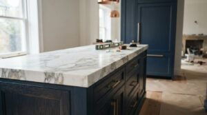 Luxury navy blue kitchen island featuring a thick veined Calacatta marble countertop with construction tools during installation