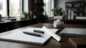 Fountain pen, architectural scale ruler, and material samples on a modern architect's workspace