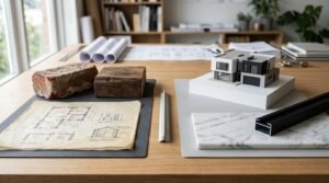 Architectural home renovation planning desk with house model, blueprints, material samples, and modern building design