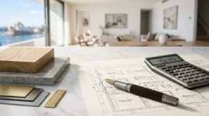 Architectural floor plan with calculator, fountain pen, and building material samples for home cost estimation