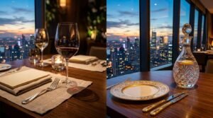 A split-view comparison of two fine dining table settings against a sunset city skyline, showing a glass of red wine with place cards on the left, and a crystal water decanter with ornate china on the right