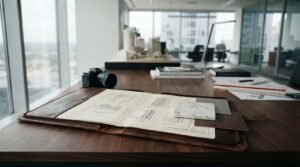 An open brown leather portfolio containing architectural elevation and floor plan drawings with marble, tile, and wood veneer swatches, set on an executive wooden desk beside a DSLR camera in a modern high-rise office