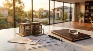 A miniature modern house model resting on stamped approved architectural and financing documents beside a fountain pen, leather notebook, and glass paperweight on a marble table overlooking a suburban neighborhood