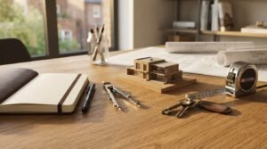 A miniature architectural scale model of a modern two-story home on a wooden desk, surrounded by an open leather notebook, drafting compass, keys, and an extended tape measure beside rolled blueprints