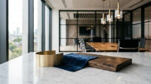 A curated material mood board featuring a curved brushed brass band, navy blue velvet swatch, and rustic dark timber plank on a white marble surface in an executive office setting