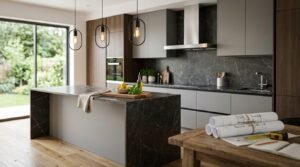 Modern minimalist kitchen with dark marble waterfall island, grey and wood cabinets, pendant lights, and blueprints on a forenamed table