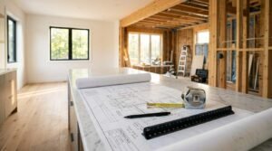Home renovation scope planning with architectural blueprint, measuring tape, and partially remodeled house interior during residential renovation