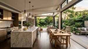 Modern open-plan kitchen and dining area with marble island and landscaped garden