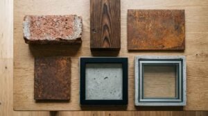 Architectural material samples including brick, wood, steel, concrete, and glass displayed for building material selection