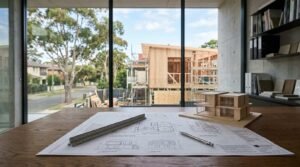 Architectural blueprints with a scale ruler, mechanical pencil, and a wooden scale model of a modern house on an architect's desk overlooking an active residential timber framing construction site through large windows