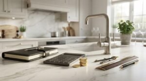 Kitchen renovation budget management setup on a marble island with a black leather journal, calculator, stacked gold coins, drafting compass, and ruler