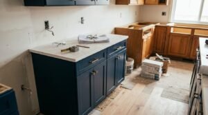 Kitchen remodeling in progress showing new navy blue base cabinets with quartz countertops replacing old oak cabinets during flooring installation