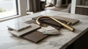 Interior design material selection with marble, stone, wood samples, neutral color swatches, and a brass kitchen faucet on a countertop