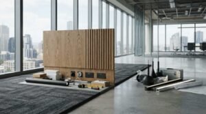 A freestanding wood-slat acoustic partition panel mockup with integrated power sockets, surrounded by carpet tiles, lighting fixtures, installation tools, and architectural drawings inside a commercial office fitout