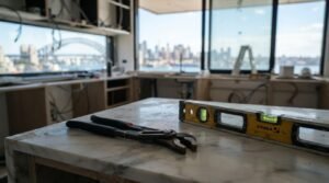 Plier tool and Stabila spirit level on a marble island in an unfinished luxury kitchen overlooking the Sydney Harbour Bridge