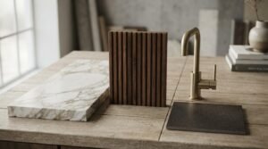 Kitchen design material board featuring a fluted walnut wood sample, Calacatta marble slab, matte black tile, and brushed brass gooseneck faucet