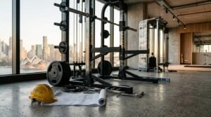 Modern gym equipment installation in progress with a squat rack, weight plates, construction helmet, and blueprints inside a fitness center