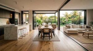 Modern open-concept kitchen, dining, and living room with large sliding glass doors to a landscaped outdoor patio