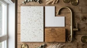 Flat lay interior design mood board featuring a white terrazzo stone slab, white subway tiles, a natural oak wood sample, and a brushed brass goose-neck faucet on a rustic wooden table