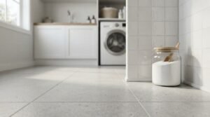 Modern laundry room with light porcelain floor tiles, white tiled splashback, a glass laundry detergent jar, and a built-in washing machine