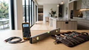 Digital multimeter, spirit level, and hand tools arranged on a wooden table inside a modern luxury kitchen during a home renovation