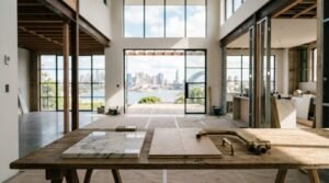 Luxury home renovation with premium material samples overlooking a modern open-plan living space
