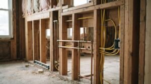 Rough-in phase of a kitchen renovation showing exposed wooden wall studs with copper plumbing pipes, yellow electrical wiring, and fiberglass insulation