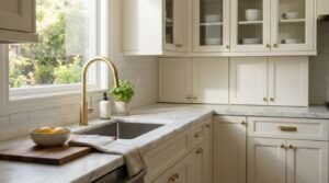 Modern off-white kitchen featuring a high-arc brushed brass gooseneck faucet, marble countertops, white subway tile backsplash, and glass-front upper cabinets