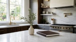 Luxury kitchen with white marble countertops, a potted olive branch, leather book on an island, brass pot filler, and custom range stove