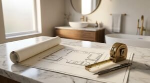 Bathroom layout floor plan blueprint unrolled on a marble counter with a brass tape measure and mechanical pencil, set against a softly blurred modern bathroom background
