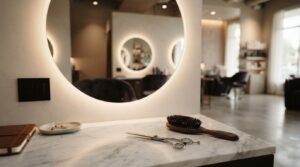 Modern hair salon styling station with a round illuminated mirror, marble countertop, salon scissors, and styling tools