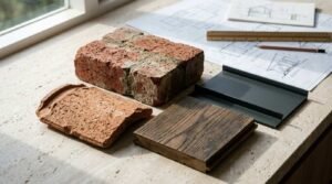 Architectural material samples with reclaimed brick, roof tile, wood, metal cladding, and blueprints on a design workspace