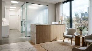 Modern medical office reception area with a wood-and-marble front desk, frosted glass consultation room, comfortable waiting chairs, and floor-to-ceiling windows, showcasing a bright, welcoming healthcare interior with contemporary finishes