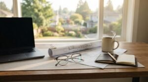 Home office desk with architectural blueprints, laptop, notebook, and coffee mug overlooking a landscaped backyard