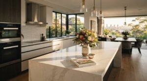 Modern open-plan kitchen featuring a white marble waterfall island, brass pendant lights, native Australian floral arrangement, and Sydney skyline harbor views