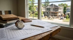 Project management timeline and construction schedule with blueprint, stopwatch, material samples, and home renovation in progress viewed through a window
