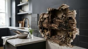 Kitchen renovation revealing hidden water damage and rotted wooden framing behind a dark tiled drywall