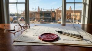 Architectural site plans with a wax seal, fountain pen, and eyeglasses overlooking a residential construction site
