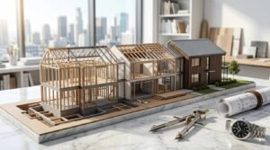 A step-by-step architectural model showing the stages of home construction from exposed timber framing to the finished modern house, displayed on a marble desk with drafting compass dividers, a wristwatch, and rolled blueprints overlooking a city skyline