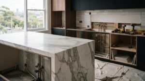 White veined marble waterfall island under installation in an active kitchen renovation site with exposed copper plumbing and power tools