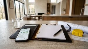 Home renovation project management workspace with architectural plans, clipboard, smartphone, measuring tape, and construction documents in a modern home