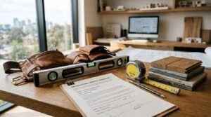 Home extension builder contract with construction tools, material samples, architectural plans, and measuring equipment on a project planning desk