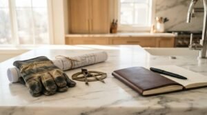 Home renovation planning workspace with work gloves, architectural blueprints, drafting compass, notebook, and pen on a marble kitchen island