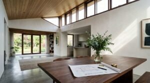Modern home extension with clerestory windows, timber ceiling, open-plan living and dining area, and abundant natural light