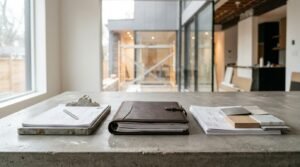Home renovation planning workspace with architectural drawings, material samples, and project documents in a modern interior