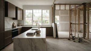 Split view of a kitchen renovation showing a completed side with dark wood cabinets and marble waterfall island next to an adjacent room undergoing stud framing and construction