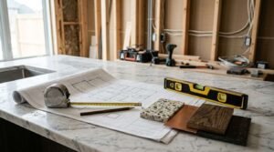 Home renovation tools, architectural blueprints, and material samples on a kitchen countertop during remodeling